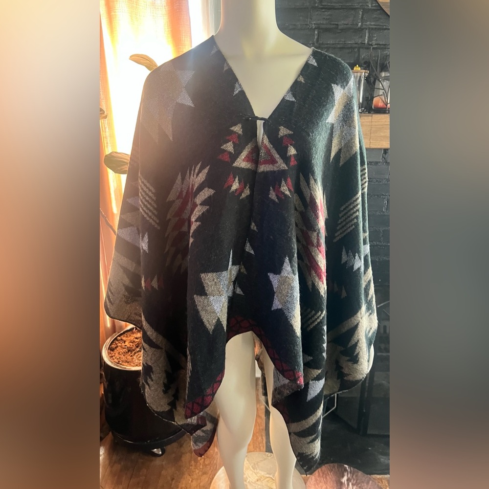 Karma Black Aztec Knit Poncho with Red & Cream Accents
